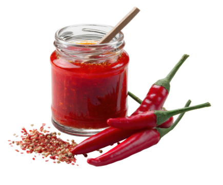 Spicy chili sauce with fresh red chilies and seasoning, cut out transparent