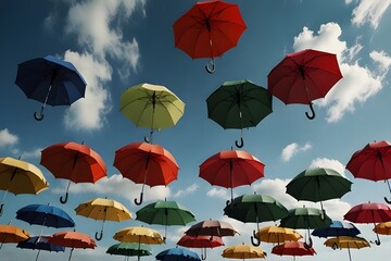 Different colorful umbrellas standing out against a background of blue sky and puffy white clouds.generative.ai