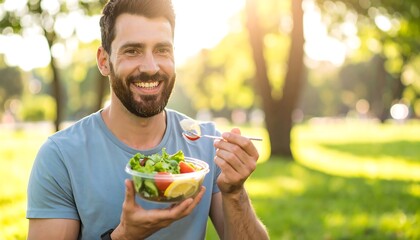 A smiling man in a blue shirt eating salad in a park with green grass and sunlight