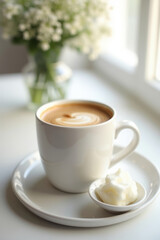 Bulletproof coffee with coconut oil and cream on white marble kitchen counter in natural morning light. Keto drink for energy, wellness, biohacking, and low-carb lifestyle