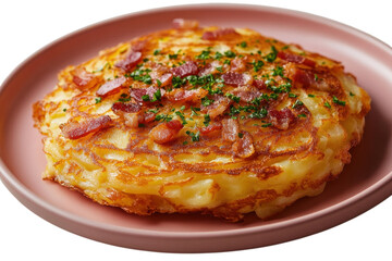 Golden Potato R sti Perfection Crispy Swiss Delight with Bacon Herbs on Pink Plate Culinary on transparent background