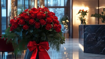 Romantic red roses bouquet with elegant ribbon in a luxurious hotel setting