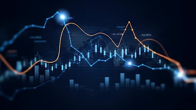 Blue and Orange Stock Market Chart with Candle Stick Columns on Dark Background for Financial Data Analysis and Business Growth Strategy