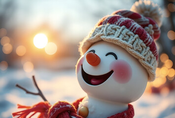 Christmas snowman doll with a red ribbon and smile in the snow, Generative AI