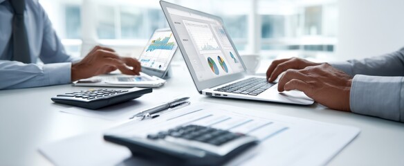 The collaborative workspace featuring laptops and data analysis tools in use.