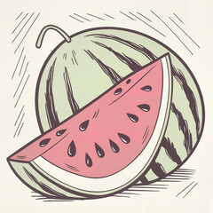 Watermelon slice in hand-drawn vintage style in black and white representing summer freshness and organic fruit illustration