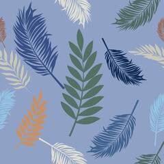 Pattern with hand-drawn tropical leaves in cool blue and neutral tones on a soft background.