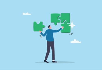 Solve puzzle problem, think of solution, finish or accomplishment, creativity idea or challenge, connect jigsaw piece to resolve work or business trouble, complete jigsaw puzzle.