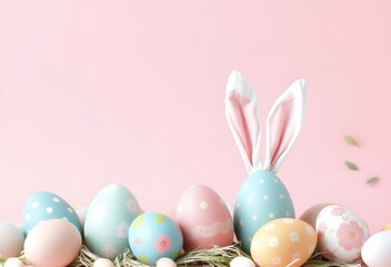 Happy Easter bunny and colorful eggs decoration on green grass, Generative AI