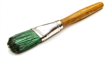 Fototapeta premium Used green paintbrush on white background