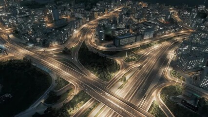 Closeup of a busy city interchange at night with glowing car lights and illuminated highways under a dark urban skyline - Powered by Adobe