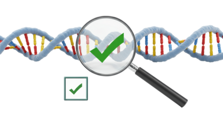 Isolated Magnifying Glass Examining DNA Structure with Checkmark