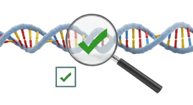 Isolated Magnifying Glass Examining DNA Structure with Checkmark