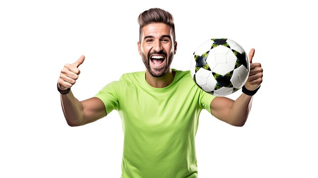 Excited soccer enthusiast celebrating a victory with ball and thumbs up gesture