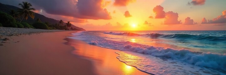 A breathtaking sunrise over a tranquil beach, waves gently lapping the shore, evoking feelings of serenity and peaceful escape Perfect for travel blogs and promoting relaxation , golden hour, horizon
