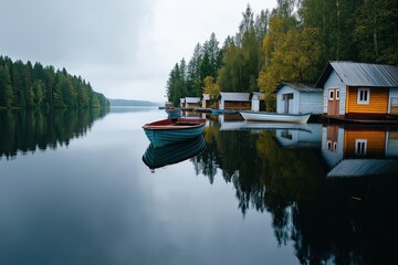 Fototapeta premium A boat is floating in a lake near a row of houses. The water is calm and the sky is cloudy