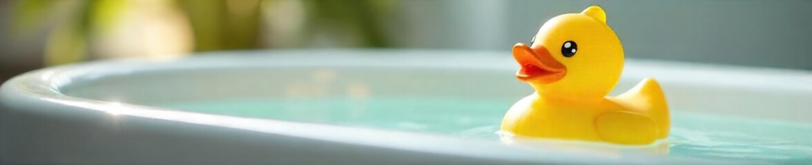 A cheerful yellow rubber ducky sits in a porcelain bathtub, ready for a relaxing bath time  Water droplets cling to its smooth surface, reflecting the soft light ,  tub,  serenity