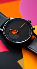 Black watch with orange hands, and colorful background.