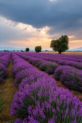 Fototapeta premium A field of lavender flowers with a tree in the background. The sky is cloudy and the sun is setting