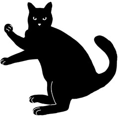 Cat silhouette sitting with paw raised in a victory pose - black and white illustration