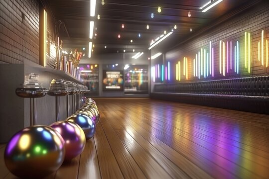 Modern bowling alley with vibrant neon accents. Interior design showcasing a trendy, brightly lit space - Powered by Adobe