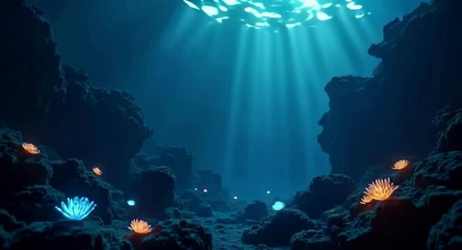 Exploring Underwater Scene with Glowing Sea Anemones Light Rays