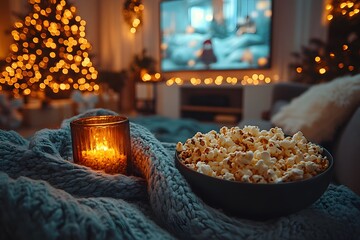 Cozy Holiday Movie Night with Popcorn and Candlelight in Festive Living Room