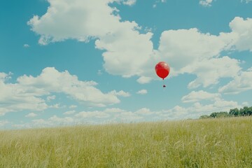 Obraz premium Red balloon floats above a field of tall grass under a partly cloudy sky