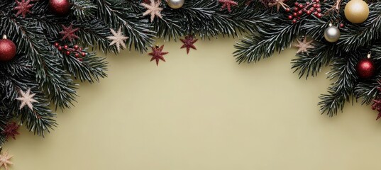 Fototapeta premium Chartreuse Christmas Banner with Ruby Red Star, Frosted Ornaments, and Lush Evergreen Fir Sprigs
