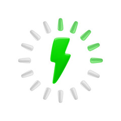 Vector cartoon 3d battery charge level indicator icon. Realistic render green lightning and circle energy level bar. Charging status round diagram, half battery capacity for game, app, infographic.