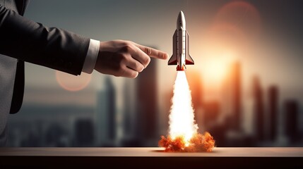 Launching innovation: A businessman initiates a project with a rocket launch