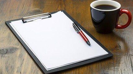 Blank Clipboard with Coffee, Pen, and Desk.