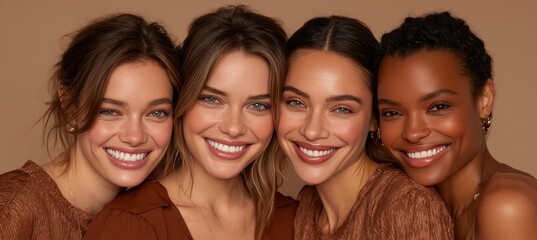 Obraz premium Radiant Diversity Four Beautiful Women Smiling for Beauty and Skincare on Brown Background
