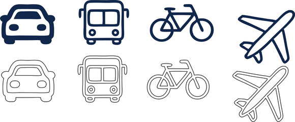 car, bus, bicycle, aeroplane, transport outline icon set