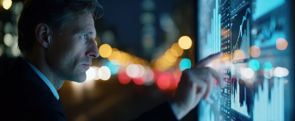 The businessman analyzing data on a touchscreen interface at night.