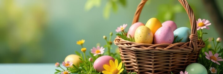 A rustic wicker basket brimming with brightly colored Easter eggs and delicate wildflowers , spring blossoms, vintage, celebratory