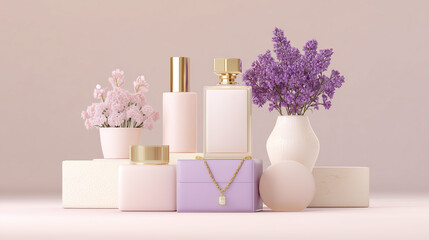 E-commerce booth，perfume bottle and flowers