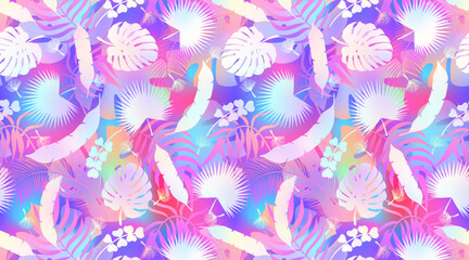 Abstract palm leaves pattern background. Vector holographic neon tropical jungle texture. Abstract palm leaf silhouettes summer gradient print for exotic wallpapers, wrapping, backdrop, decor.