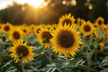 Obraz premium sunflower field in summer - sun light on sunflowers field