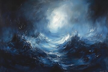 Fototapeta premium Stormy sea at night, with a glimmer of light