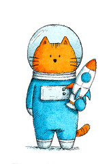 Cartoon watercolour pencil clipart illustration, a playful orange Cat wearing blue astronaut suit and helmet, holding a tile-colour rocket in the paws. 