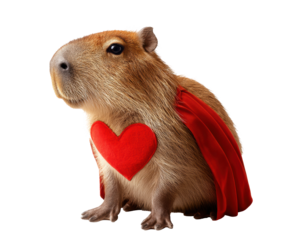 Capybara superhero with heart cape for playful designs, cut out transparent