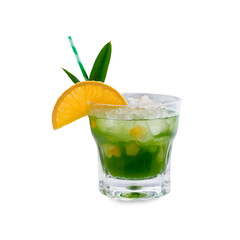 Fototapeta premium Refreshing green cocktail with orange garnish ice cubes isolated on white & transparent background