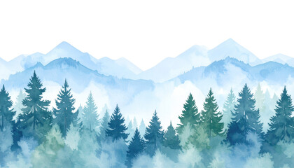 Fototapeta premium Winter mountain landscape with snow-capped peaks, pine trees and fog. 