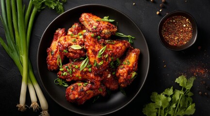 Spicy chicken wings served on a black plate.