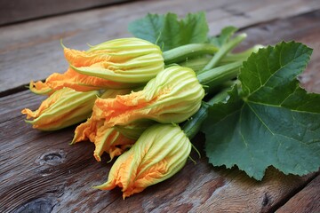 Vibrant zucchini flowers on rustic surface  
