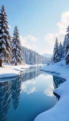 Fototapeta premium Serene winter landscape featuring a frozen lake, snow-covered trees, and a clear sky reflecting on the ice Perfect for winter, nature, and seasonal themes , stillness, horizon