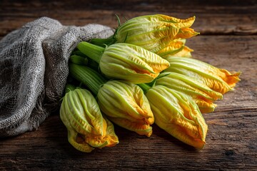Lush zucchini blooms in rustic natural display  
