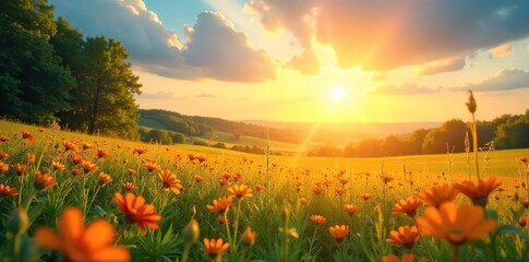 Golden sunlight bathes a vibrant landscape on a cloudless summer day  The bright sun illuminates the scene with a warm, inviting glow, perfect for summer or nature themes ,  warm,  texture