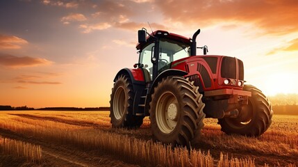 Fototapeta premium Red tractor at golden hour amidst harvested crops, symbolizing agricultural power